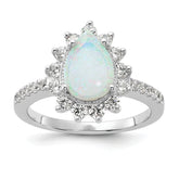 Cheryl M Sterling Silver Rhodium-plated Cabochon Lab Created Opal and Brilliant-cut CZ Teardrop Halo Ring